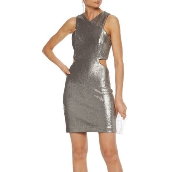 Halston Cutout Silver sequined mesh mini d… - Picture 1 of 8